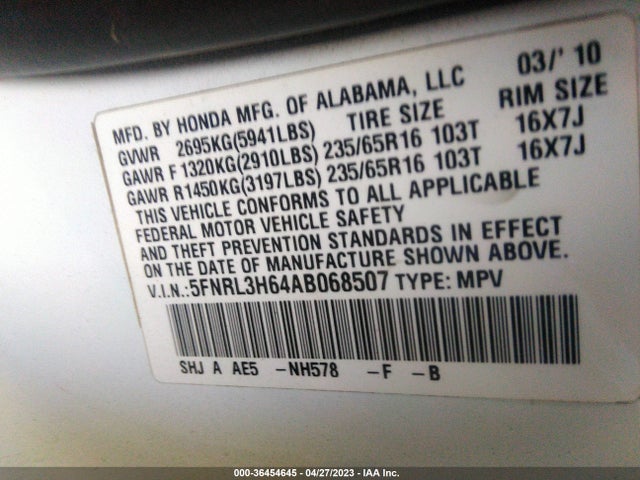 2010 HONDA ODYSSEY EX-L VIN: 5FNRL3H64AB068507