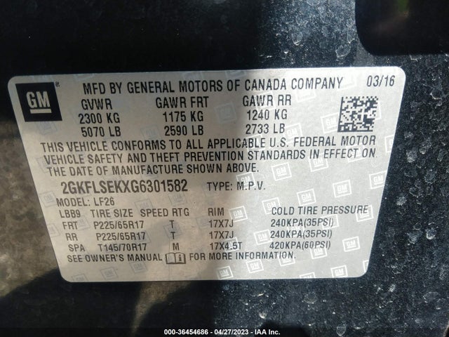 2016 GMC TERRAIN SLE VIN: 2GKFLSEKXG6301582