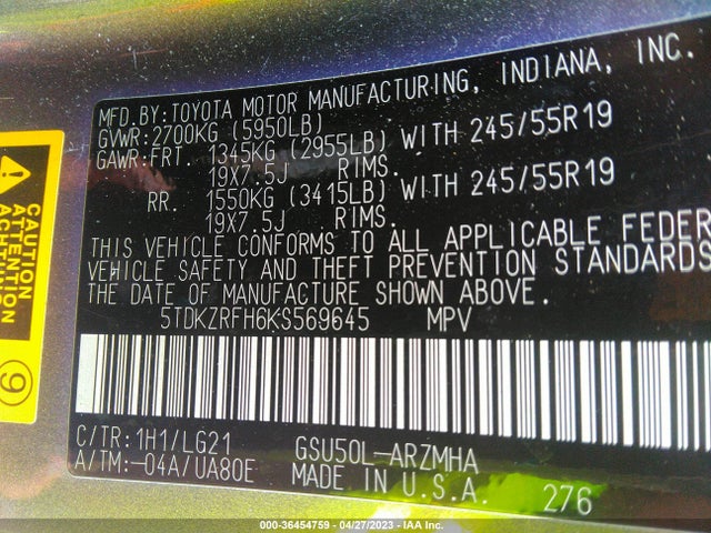 Toyota Highlander Se/xle 2019 5TDKZRFH6KS569645 Image 10