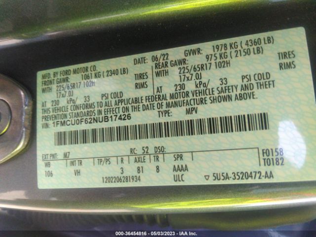 1FMCU0F62NUB17426 Ford ESCAPE S