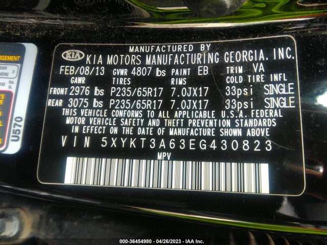 KIA SORENTO LX 2014 5XYKT3A63EG430823 Image 9