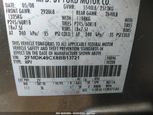 2008 FORD EDGE LIMITED VIN: 2FMDK49CX8BB13721