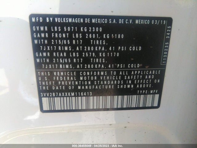 3VV2B7AXXKM116413 Volkswagen TIGUAN SE