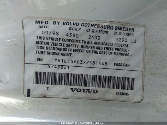 1999 VOLVO S70 VIN: YV1LT56D3X2581448
