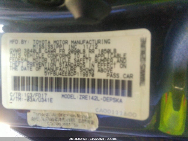 2013 TOYOTA COROLLA L/LE/S VIN: 5YFBU4EE8DP119970