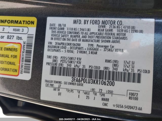 3FA6P0LU3KR106200 Ford Fusion Hybrid Se