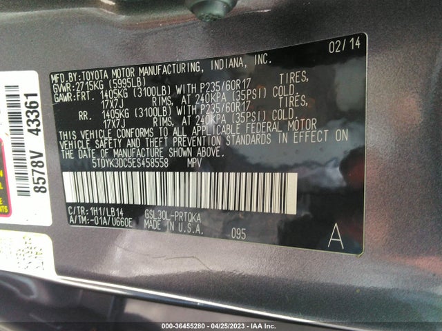 2014 TOYOTA SIENNA XLE/XLE AAS/LTD VIN: 5TDYK3DC5ES458558