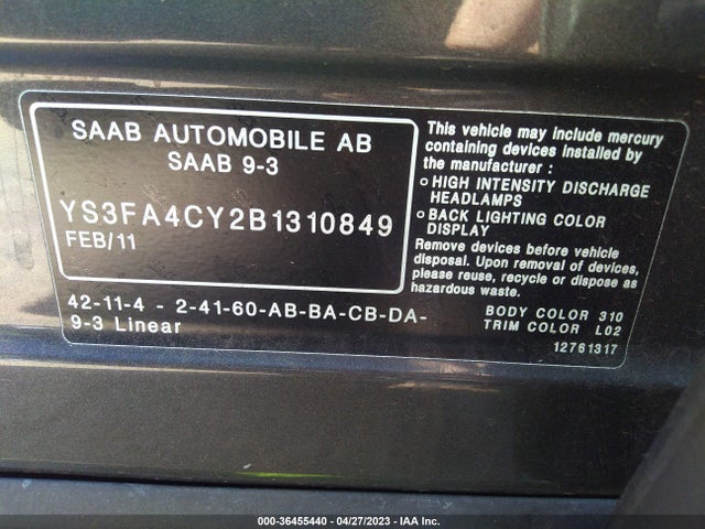2011 SAAB 9 3 VIN: YS3FA4CY2B1310849