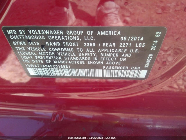 1VWAT7A34FC016851 Volkswagen Passat 1.8t Wolfsburg Ed