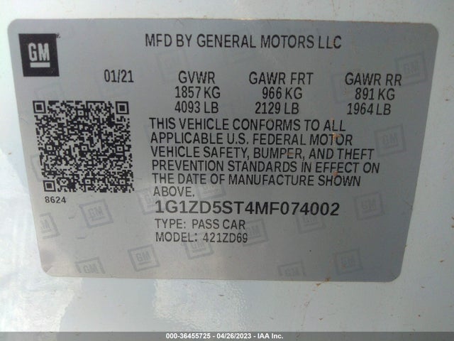 Chevrolet MALIBU LT 2021 1G1ZD5ST4MF074002 Image 9