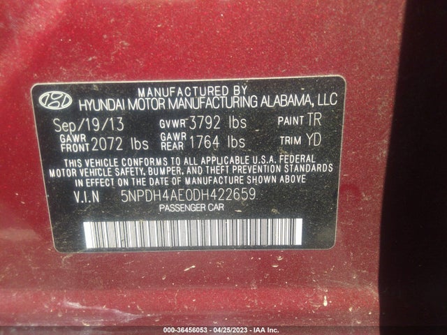 2013 HYUNDAI ELANTRA GLS VIN: 5NPDH4AE0DH422659
