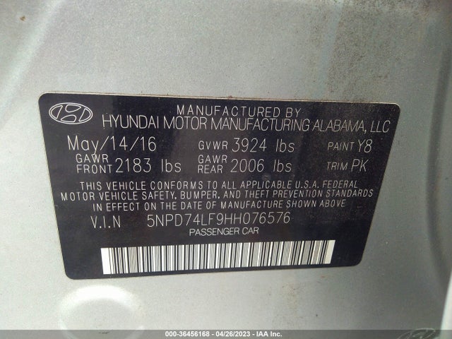 2017 HYUNDAI ELANTRA SE VIN: 5NPD74LF9HH076576