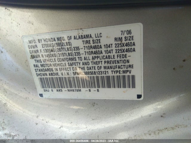 2006 HONDA ODYSSEY TOURING VIN: 5FNRL38856B123121