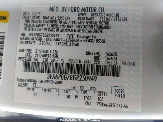 3FA6P0G78GR250949 Ford FUSION S