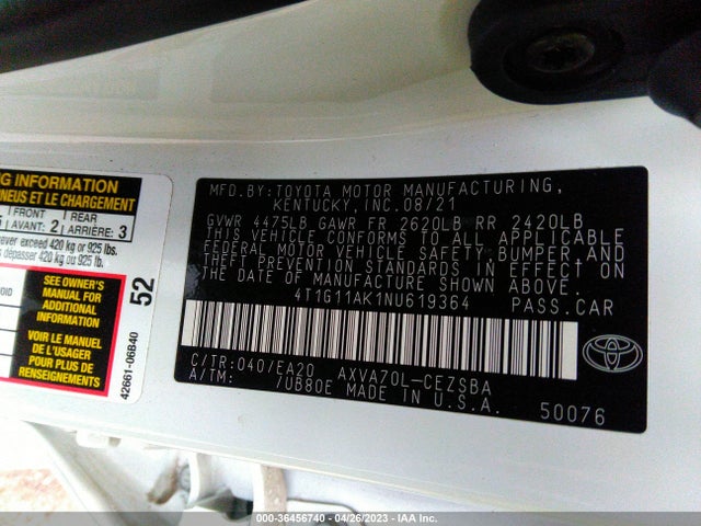 2022 TOYOTA CAMRY SE VIN: 4T1G11AK1NU619364