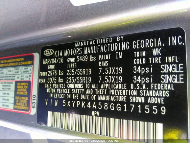 5XYPK4A58GG171559 KIA SORENTO SX
