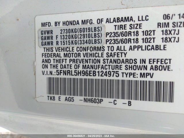 Honda Odyssey Touring 2014 5FNRL5H96EB124975 Image 9