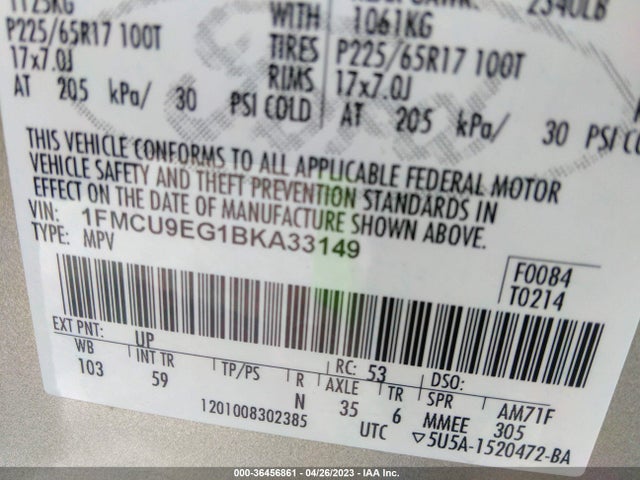 2011 FORD ESCAPE LIMITED VIN: 1FMCU9EG1BKA33149