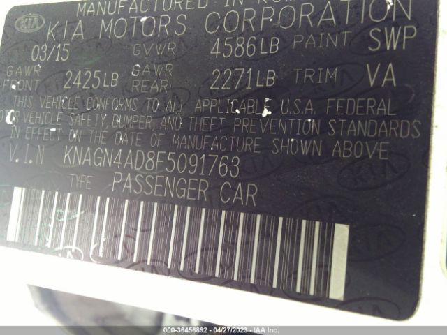 KNAGN4AD8F5091763 KIA Optima Hybrid Ex