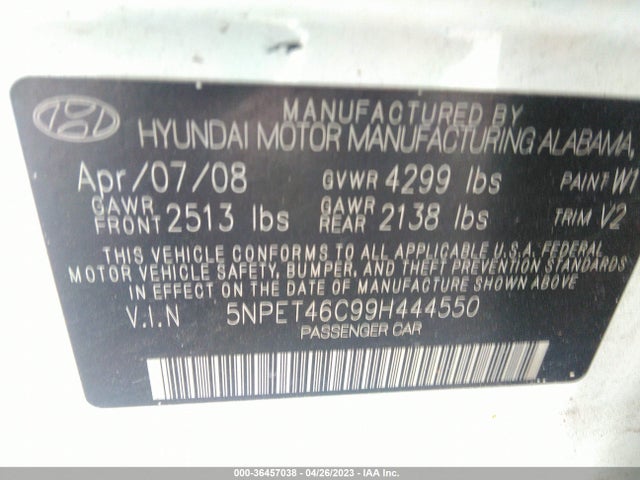 2009 HYUNDAI SONATA GLS VIN: 5NPET46C99H444550