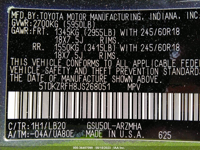 2018 TOYOTA HIGHLANDER SE/XLE VIN: 5TDKZRFH8JS268051