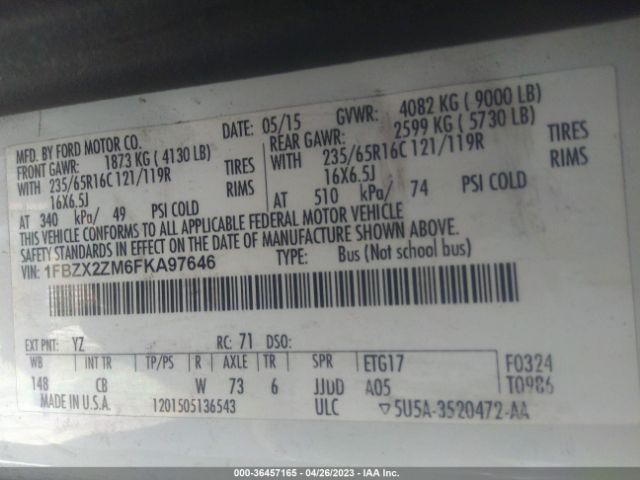 1FBZX2ZM6FKA97646 Ford Transit Wagon Xl/xlt