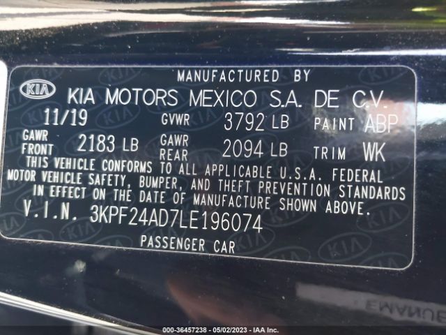 3KPF24AD7LE196074 KIA Forte Lxs
