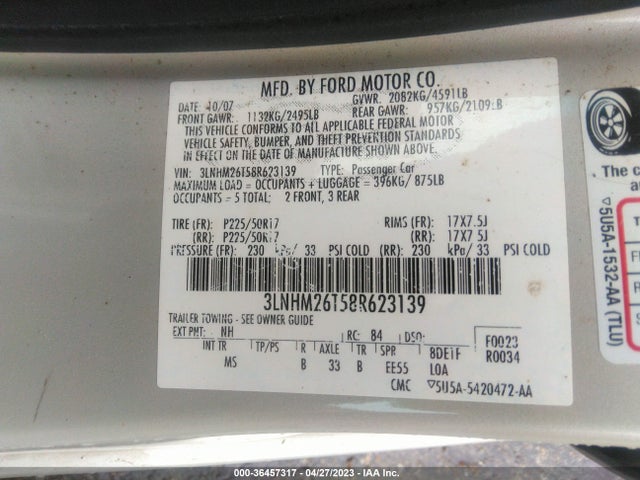2008 LINCOLN MKZ VIN: 3LNHM26T58R623139