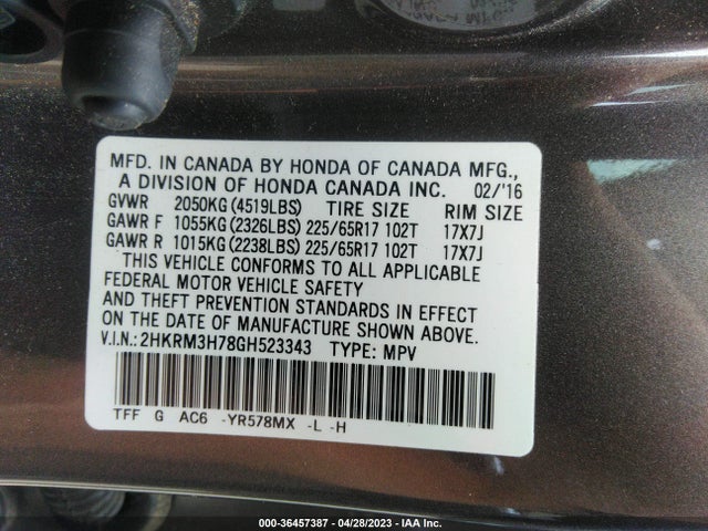 Honda Cr-v Ex-l 2016 2HKRM3H78GH523343 Image 9