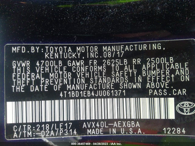 2018 Toyota Avalon, VIN: 4T1BD1EB4JU061371
