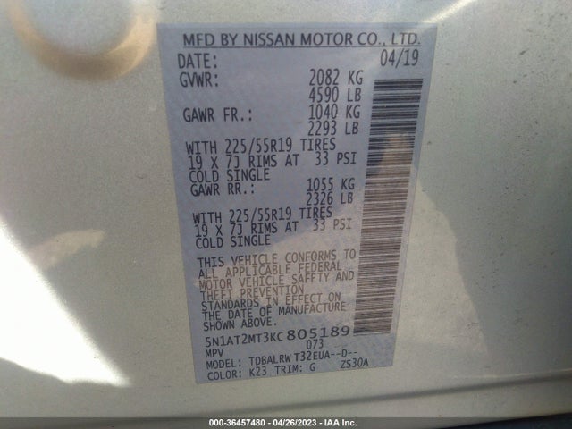 2019 NISSAN ROGUE SL VIN: 5N1AT2MT3KC805189