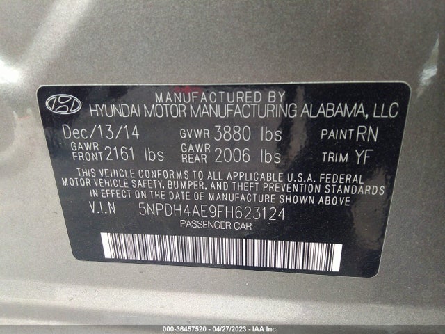 2015 HYUNDAI ELANTRA SE VIN: 5NPDH4AE9FH623124