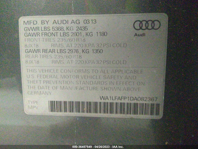 2013 AUDI Q5 PREMIUM PLUS VIN: WA1LFAFP1DA082367