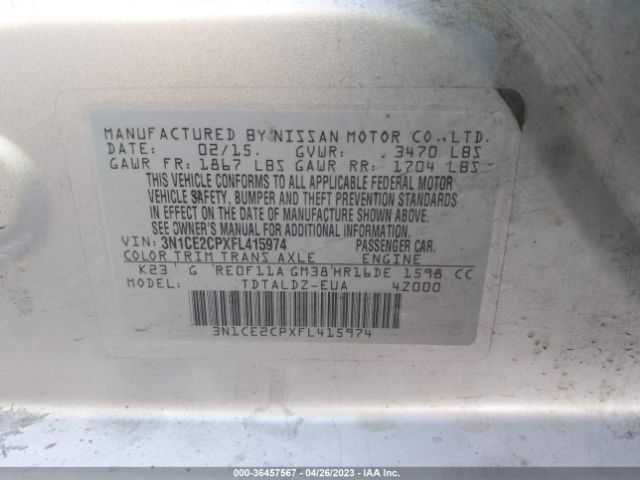 3N1CE2CPXFL415974 Nissan Versa Note S/s Plus/sv/sr/sl