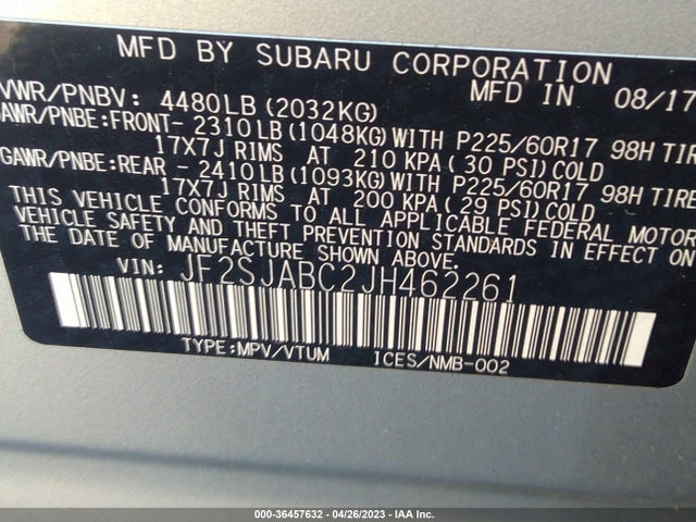 2018 SUBARU FORESTER VIN: JF2SJABC2JH462261
