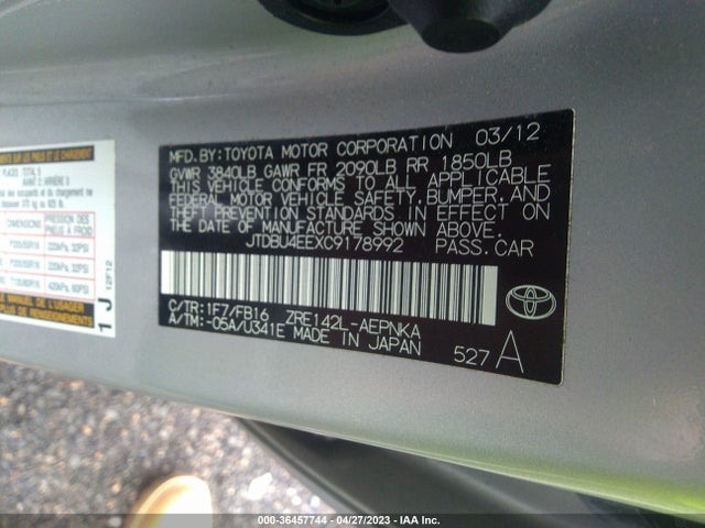 2012 TOYOTA COROLLA LE VIN: JTDBU4EEXC9178992