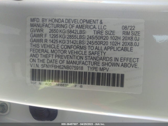 Honda Pilot Touring 7-passenger 2022 5FNYF6H62NB075918 Image 9