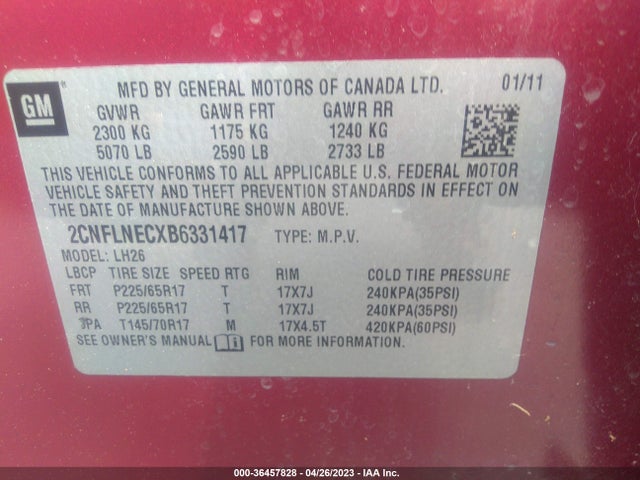 2011 CHEVROLET EQUINOX LT W/2LT VIN: 2CNFLNECXB6331417