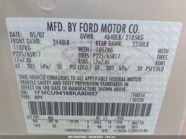 2008 FORD ESCAPE LIMITED VIN: 1FMCU94168KA80957