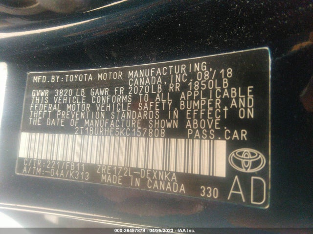 2019 TOYOTA COROLLA L/LE/SE/XLE/XSE VIN: 2T1BURHE5KC157808