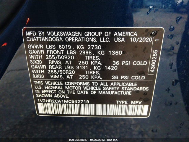 1V2HR2CA1MC542719 Volkswagen Atlas 3.6l V6 Se W/technology