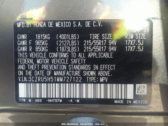 Honda HR-V EX 2021 3CZRU5H51MM727122 Image 10