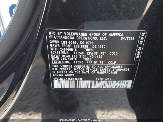 1V2LR2CA1KC565702 Volkswagen Atlas 3.6l V6 Se