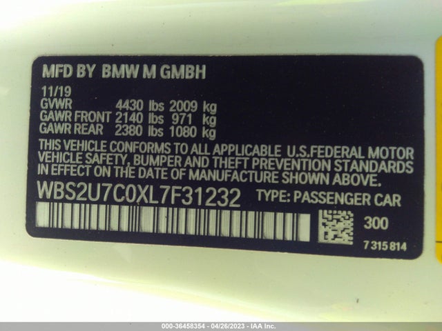 2020 BMW M2, VIN: WBS2U7C0XL7F31232