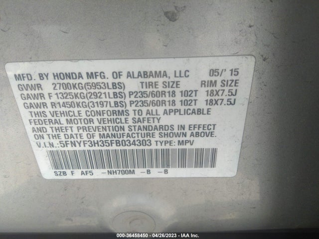 Honda PILOT SE 2015 5FNYF3H35FB034303 Image 10