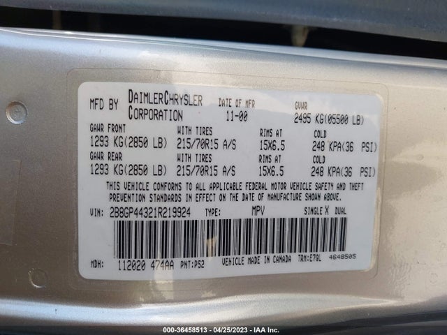 2001 DODGE GRAND CARAVAN SPORT VIN: 2B8GP44321R219924
