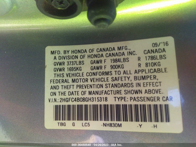 Honda Civic Coupe Lx-p 2016 2HGFC4B08GH315318 Image 9