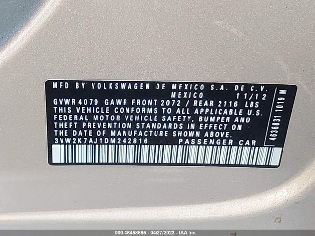 2013 VOLKSWAGEN JETTA SEDAN S VIN: 3VW2K7AJ1DM242816