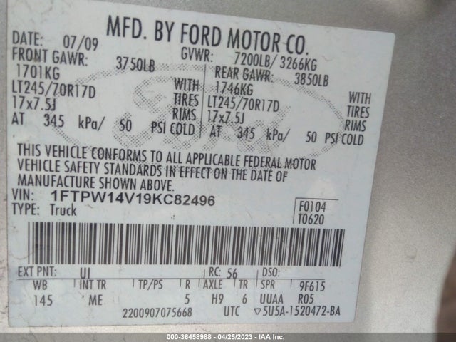 2009 FORD F-150 XL/XLT/FX4/LARIAT VIN: 1FTPW14V19KC82496