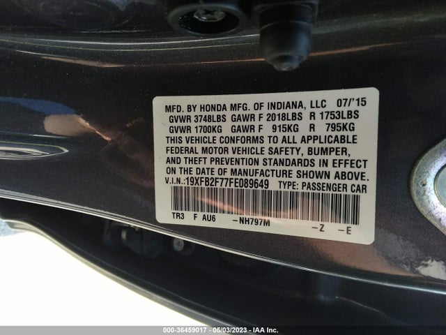 2015 HONDA CIVIC SEDAN SE VIN: 19XFB2F77FE089649